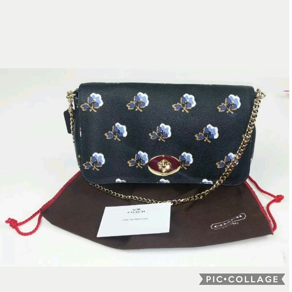 Coach Black Blue Floral Clutch Purse Chain Pebbled - Picture 1 of 8